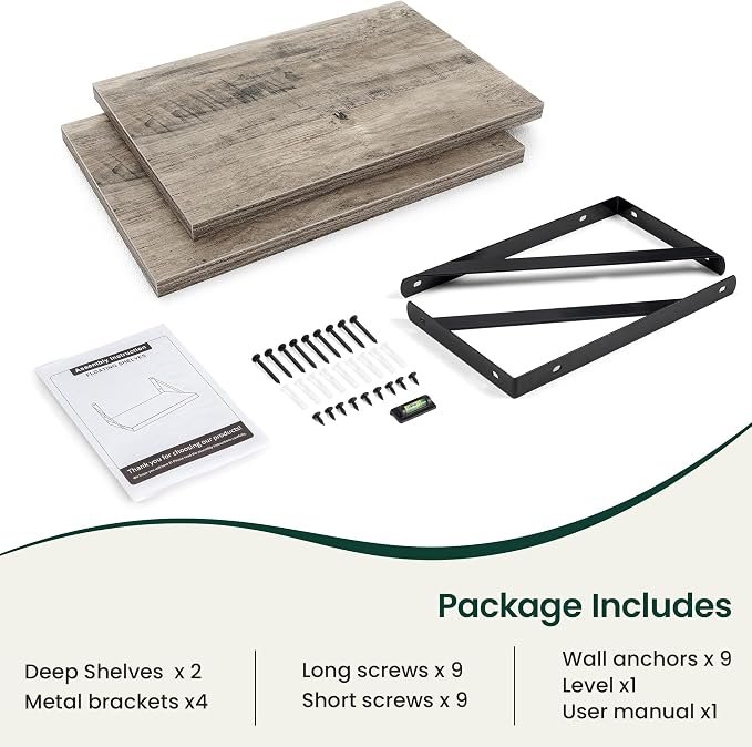 Floating Shelves 12 Inch Deep, 16W x 12D Wall Shelf Set of 2, 35 lbs Heavy Duty Reversible Metal Brackets, Deep Industrial Book Shelf for Living Room Kitchen Bath Bedroom Coffee Bar, Grey