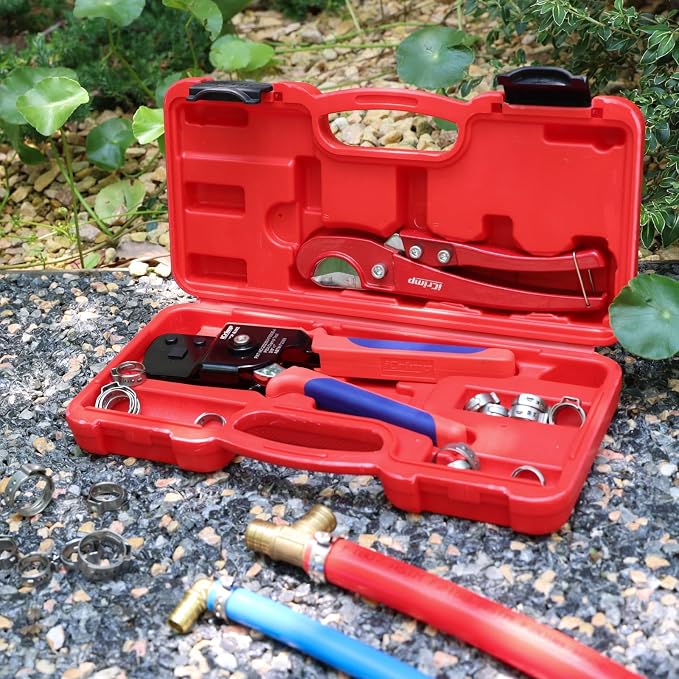 iCrimp One-Hand Crimping Tool Meets ASTM F2098, PEX Clamp Cinch Tool Kit with 20PCS 1/2-in, 10PCS 3/4-in PEX Clamps and Pipe Cutter- All in One