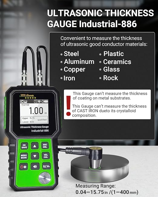Ultrasonic Thickness Tester Industrial-886 / Digital Metals Thickness Gauge with Range 0.04-15.75in(1-400mm) / Industrial Measuring Instrument