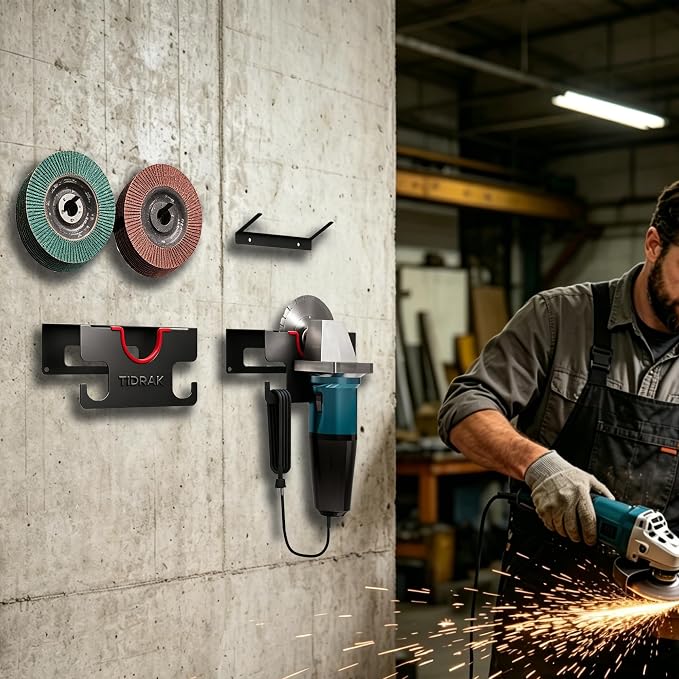 Angle Grinder Holder Wall Mount – Heavy Duty Tool Storage Rack for 4-1/2" to 6" Grinder, Impact Wrench & Polisher, with Cord Management Hooks & Disc Hooks, Ideal for Workshop & Garage Organization