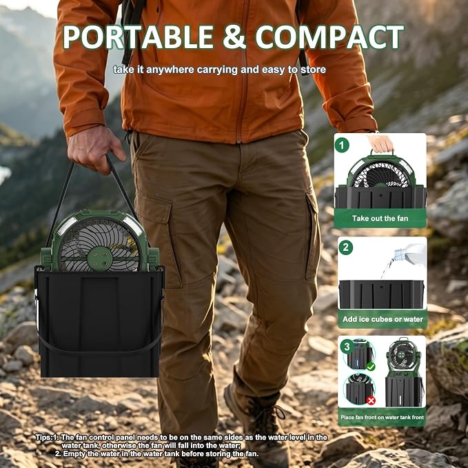 Wilody Portable Misting Fan 20000mAh Rechargeable Battery, 6L Bucket Outdoor Fan with LED Lights & Stepless Speed Control & Cooling Mist, Battery Powered Fan for Outdoor Patio Camping (Dark Green)