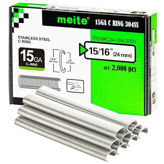 meite 15 Gauge 3/4" Hog Rings, 304 Stainless Steel Hog Ring Staples for SC7C Hog Ring Stapler, C Ring Staples for Construction Mesh, Livestock Fencing, Fishing Traps (2,000 Counts)