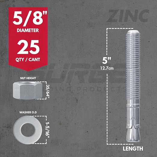 5/8" x 5" Zinc-Plated Wedge Anchors for Concrete and Cement | Heavy-Duty 5/8 Concrete Anchors (Box of 25)
