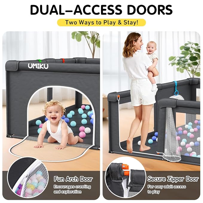 Baby Playpen Foldable Playpen for Babies and Toddlers, Extra Large Playpens Portable Play Pen Travel Activity Center for Kids Indoor Outdoor Pack and Play Baby Shower Gifts, 71"X59" Dark Grey