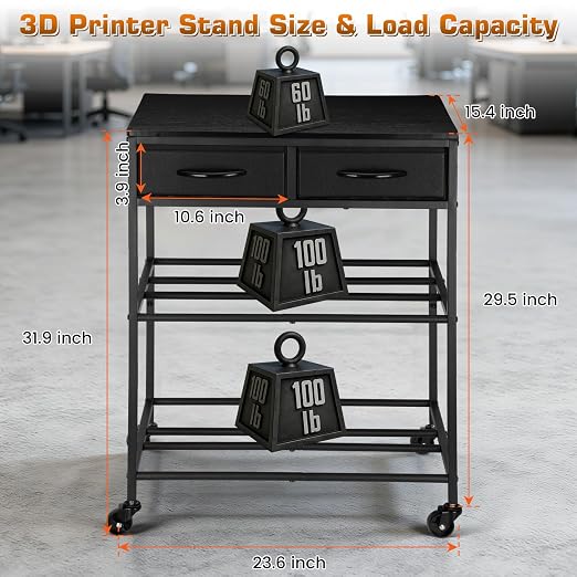 3D Printer Filament Storage Shelf with Drawers& Wheels, Black 2-Tier 3D Printer Filament Metal Stand with Storage, Adjustable Filaments Organzied Rack for Workshop Studio Office, 4 Leveling Feet