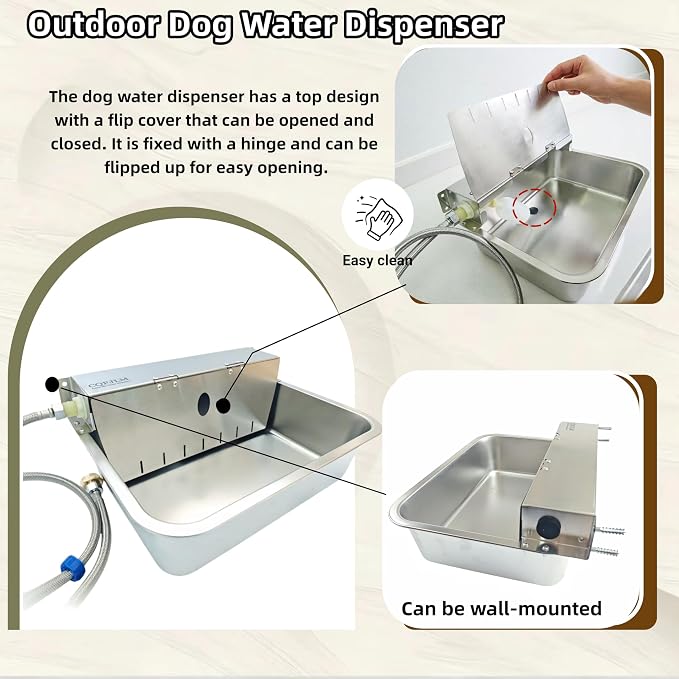 Automatic Dog Water Dispenser Outdoor Self Filling Water Bowl,Flip Cover & Wall-Mounted Design,Suitable for Cats,Dogs,Chickens Ducks Other Poultry,Suitable for Indoor & Outdoor Use