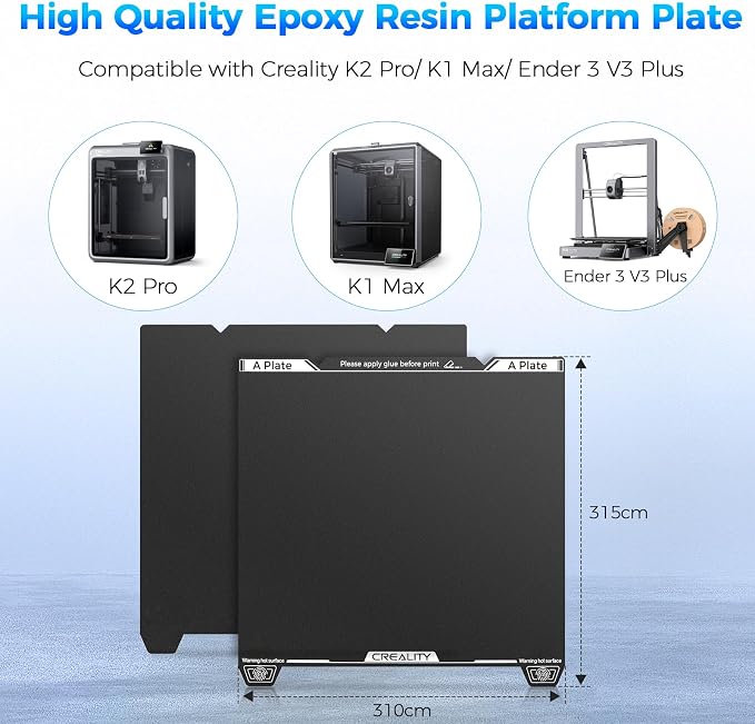 Creality K1 Max Epoxy Resin Build Plate, 315×310mm K2 Pro Spring Steel Bed Plate, Wear Resistance Flexible Print Platform for Creality Ender 3 V3 Plus 3D Printer, Excellent Adhesion, High Flatness