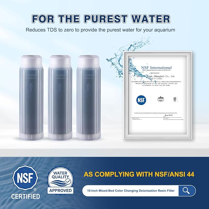 3 Pack Reverse Osmosis 10 Inch Mixed Bed Color Changing Deionization Resin Filter Compatible with Aquatic Life RO/DI System, RODI Reverse Osmosis DI Water Filter Replacement