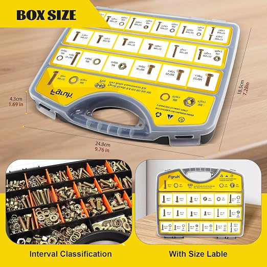 940PCS Metric Bolt and Nut Assortment Kit, M4-0.7, M5-0.8, M6-1.0, M8-1.25 Heavy Duty Hex Bolts Nuts Washers Assorted Kit, Grade 8.8 Alloy Steel Yellow Zinc Plated