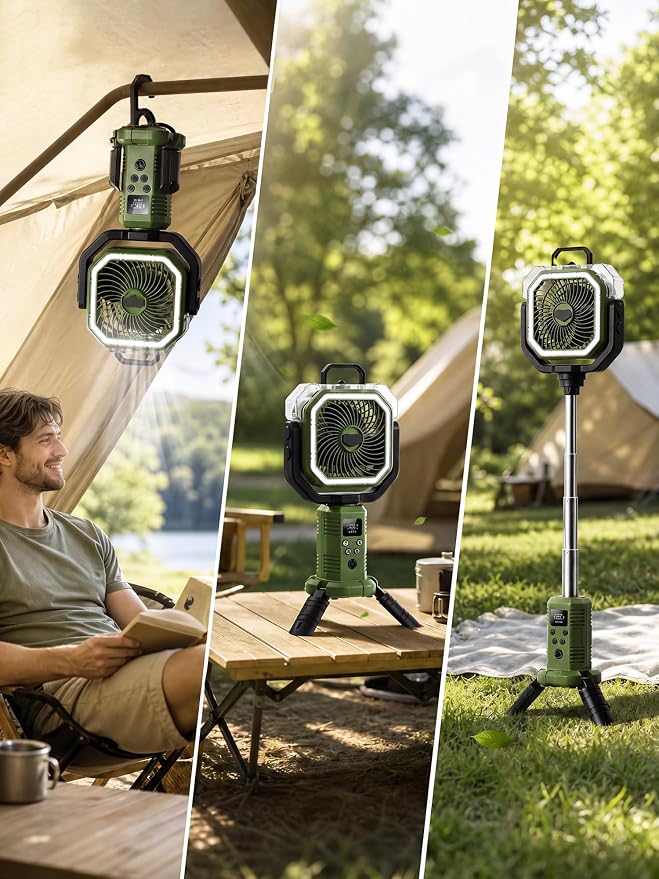Portable Misting Fan, Rechargeable Camping Fan with 400ml Tank, 20000mAh Battery, Remote Control, LED Light, 4 Speeds, Oscillating Outdoor Fan for Tent, Patio, Beach, RV, Garage, Indoor Outdoor, Green