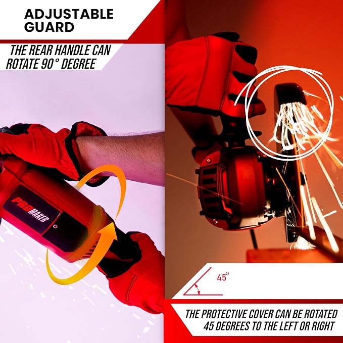 PROMAKER Industrial 9" Heavy Duty Angle Grinder - 17.2 High Power Motor, 6300 RPM Metal & Concrete Cutter - Rotating Multi-Position Handle, Includes 2 Spare Carbon Brushes - 2-Year Protection