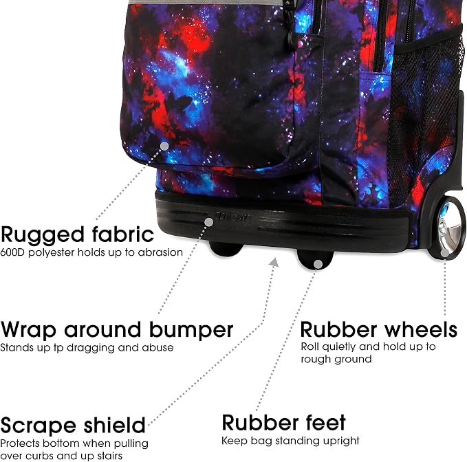 J World Sundance Laptop Rolling Backpack for Girls Boys. Roller Bookbag with Wheels, 20 Inch, Galaxy