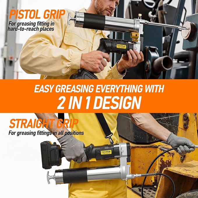 Funnywhale Cordless Grease Gun Compatible with DeWalt 20V MAX Battery(No Battery) | 12000PSI High-Pressure with 2-in-1 Rotating Handle, 16.4" Hose & 4 Couplers for Bulk & Cartridge Grease