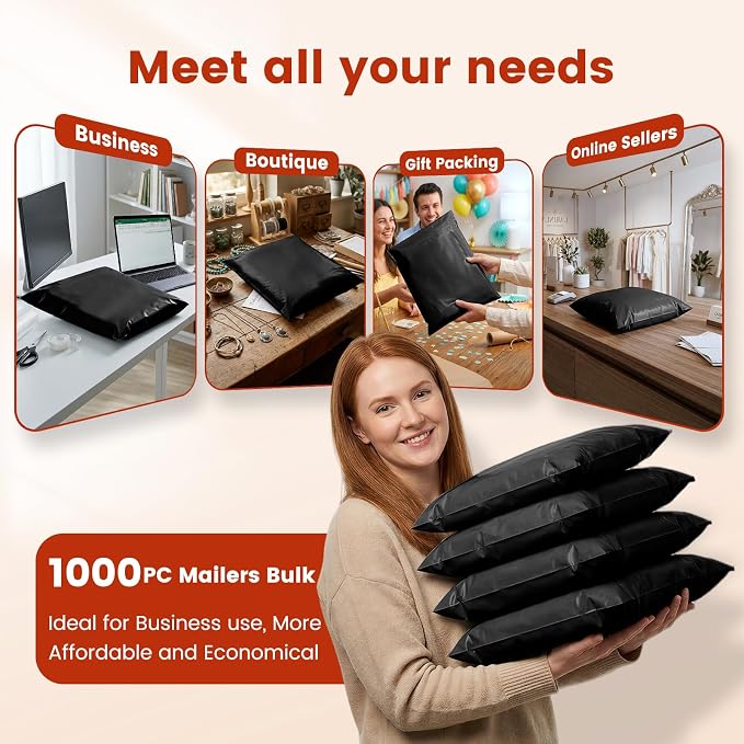 Metronic Poly Mailers 14x19 1000 Pack, Heavy Duty Shipping Bags Bulk Self Seal Waterproof Tear Resistant Large Mailing Envelopes, Packaging bags for Small Business, Boutique, Clothing, Black