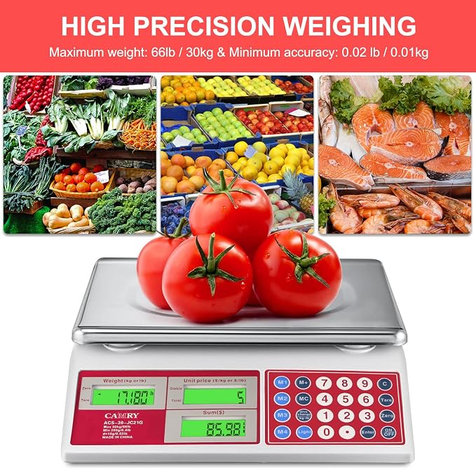 CAMRY Commercial Price Computing Scale, 66lb/30kg, Dual LCD | Stainless Steel Platform; Green Backlight; Battery Powered; KG/LB Conversion; For Deli and Farmers Market