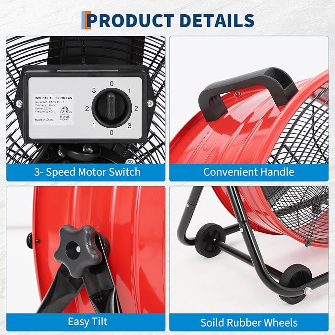 Garvee Industrial Floor Fan 24 in, Heavy Duty Drum Fan with Adjustable 3 Speed 4800-8800 CFM Cooling, Metal Blades & 360° Rotation for Industrial Commercial Space, Garage, Warehouse, Workshop