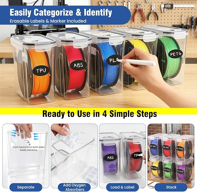 6 Pack 4L Filament Storage Box Hygrometer Airtight Dry Box for 3D Printer Filament Sealing, Complete Kit: 11 Pcs Spatula/Blades, 2 MK8 Nozzles, Wrench, Pen, Stickers & Reusable Desiccant