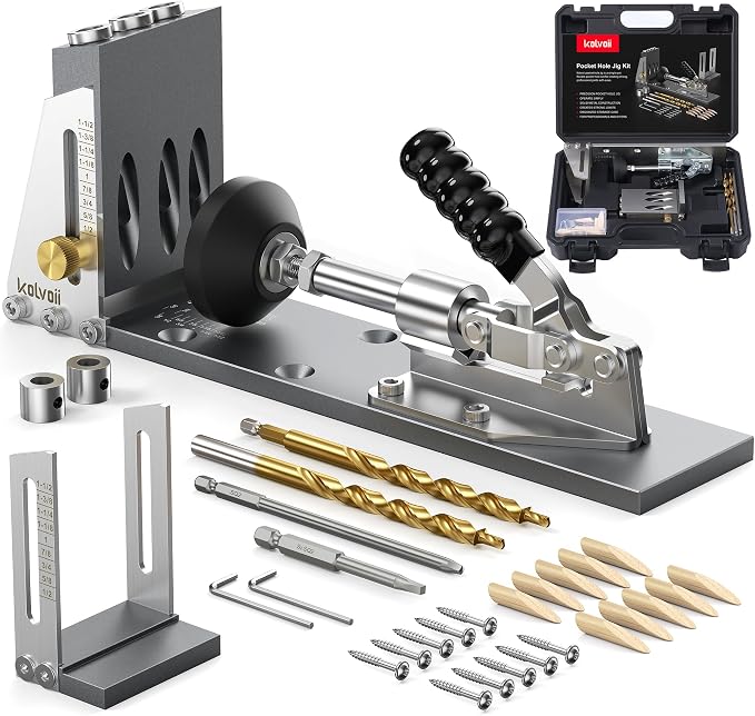 Kolvoii Pocket Hole Jig, Professional Adjustable Pocket Screw Jig for Strong Joints, Versatile Drill Guide Jig for Materials 1/2" to 3 1/8" Thickness with Storage Case