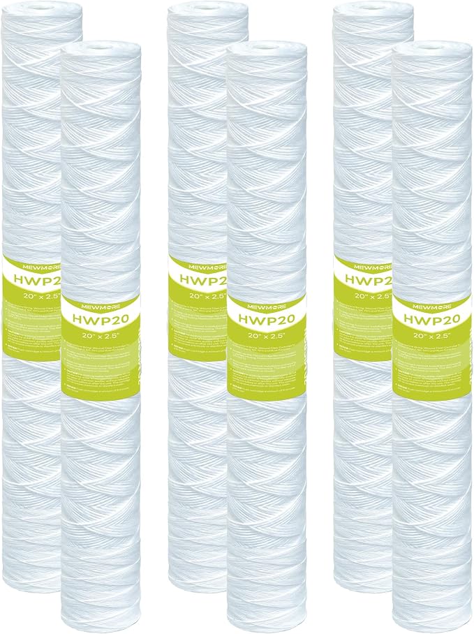 20 Micron Whole House Water Filter Cartridge, String Wound Sediment Filters for Well Water, Universal Replacement for Any 20 inch Silm Housings - 20" x 2.5" Cartridges - Pack of 6