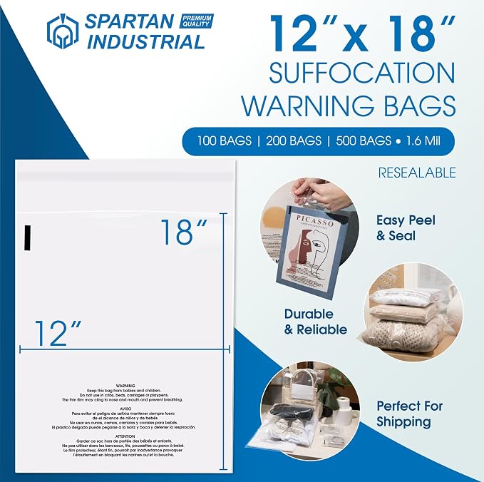 Spartan Industrial - 12” X 18” (500 Count) Self Seal Clear Poly Bags with Suffocation Warning for Packaging, T Shirts & Shipping - Resealable Glue