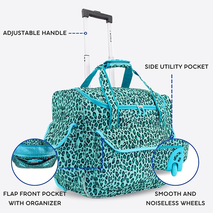 J World Donna Rolling Tote Bag on Wheels for Women. Roller Laptop Briefcase. Overnight Weekender Teachers Work, Mint Leopard