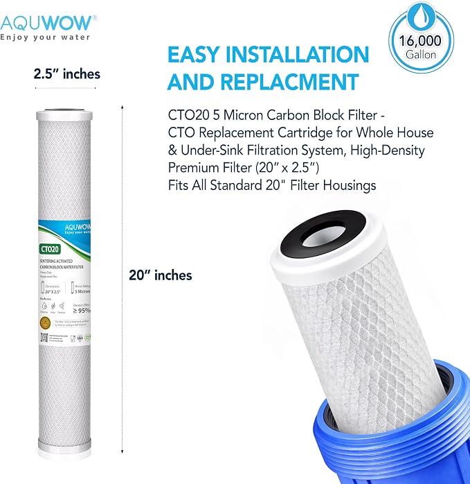 CTO20 5 Micron 2.5" x 20" Carbon Block Water Filter Set – Replacement Cartridges for Whole House and Under Sink Systems, Universal Standard Size (2, 20 x 2.5)