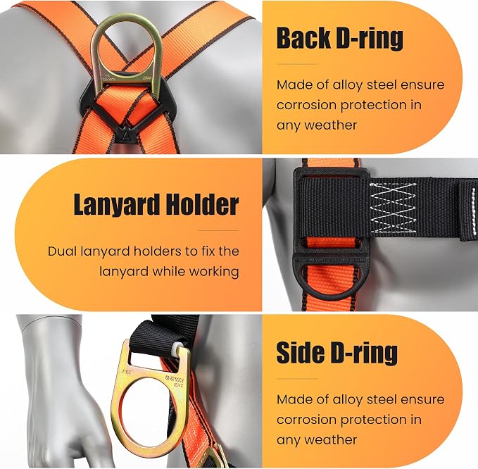 Fall Protection Safety Belt With Shock Absorbing Lanyard, Full Body Construction Protection Fall Arrest ANSI Compliant