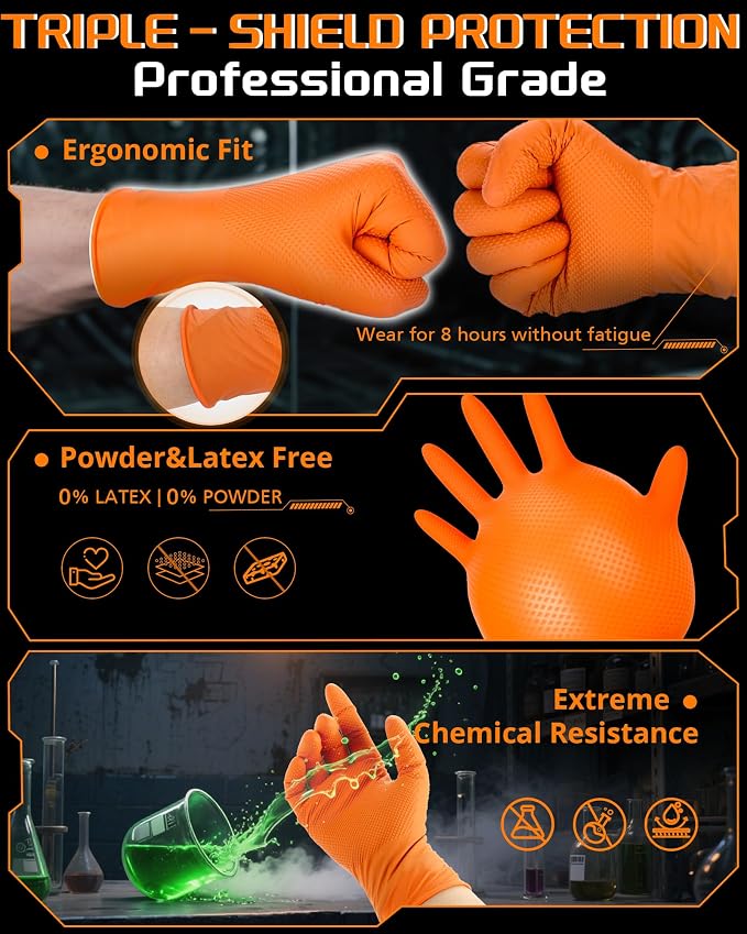 wcy 9 Mil Heavy Duty Orange Nitrile Gloves,Raised Diamond Texture Grip,Industrial Mechanic Rubber Gloves Disposable Latex Free Chemical Resistant Guantes for Work,Cooking,Food Safe - Medium,80Count
