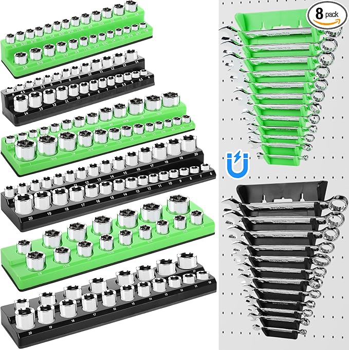 Blulu 8 Pcs Magnetic Socket Organizer & Magnetic Wrench Organizer Set 1/4", 3/8", 1/2" Socket Holder, 24-slot Drawer Storage Rack Tool Tray SAE (1/4" to 1-1/16"), Metric (6mm to 24mm) Black Green