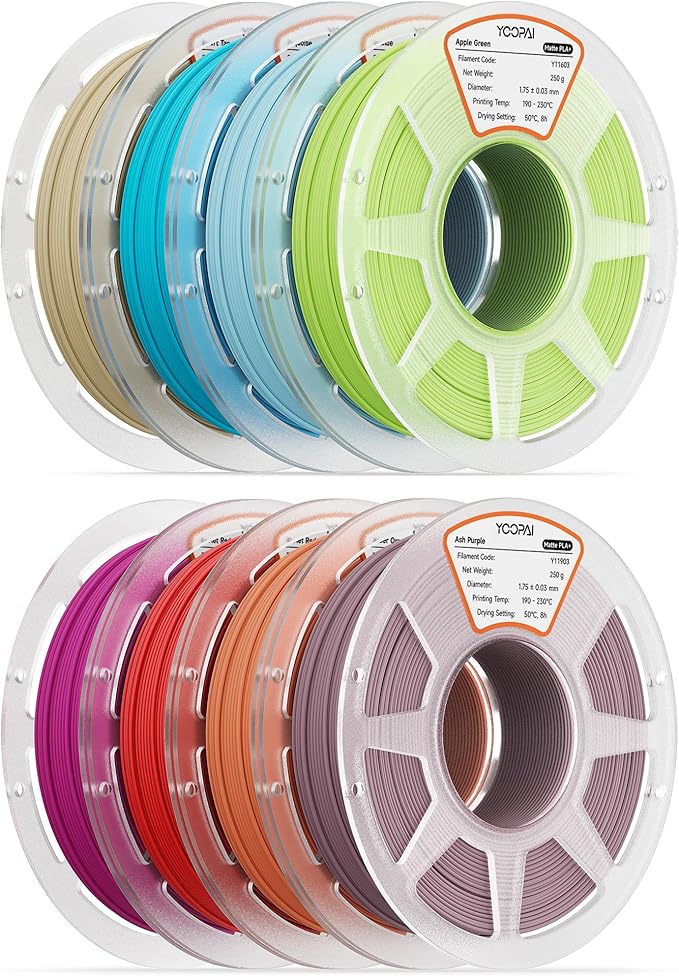 250g PLA+ Matte Filament 1.75mm Bundle, 3D Printer Filament Bundle Multicolor, Individually Vacuum Packed, 250g Spool, 8 Rolls, Desert Tan+Ice Blue+Apple Green+Orange+Turquoise+Red+Plum+AshPurple