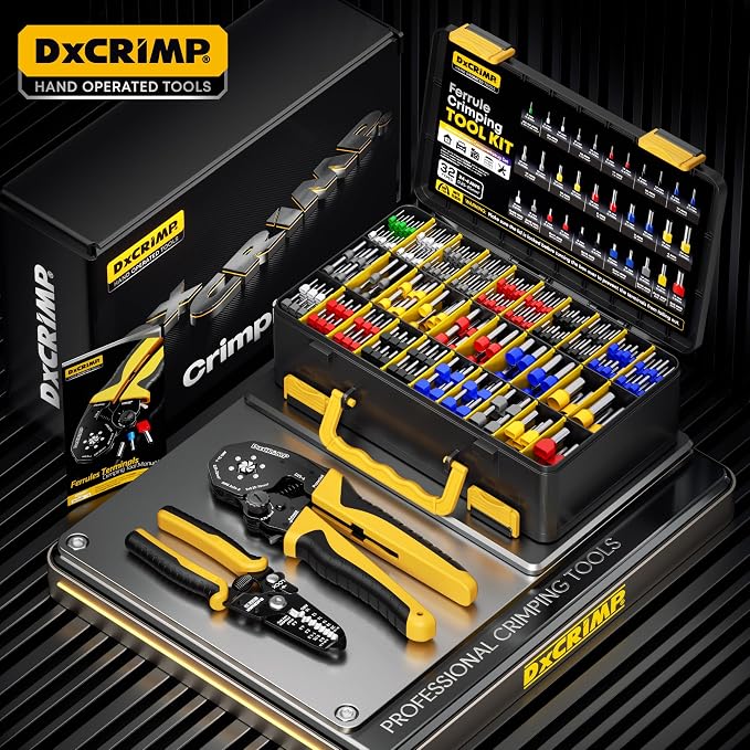 Ferrule Crimping Tool Kit, AWG 24-4 (0.25-25mm²) Self-Adjusting Hex Ratchet Crimper, 32 Types Insulated & Twin Wire Ferrules - for DIY Electrical, Control Panels, Car Audio, Solar & RV