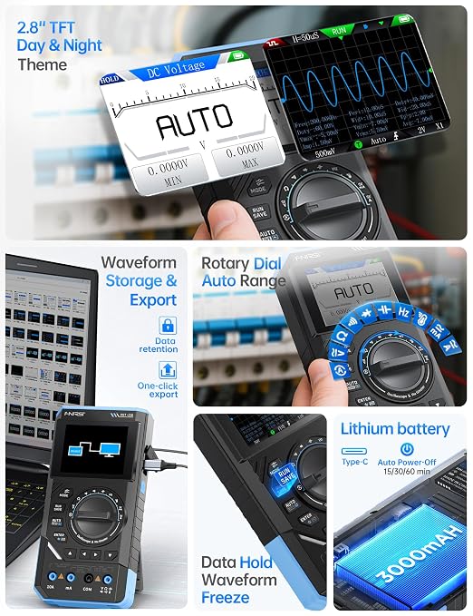FNIRSI DST-210 Handheld Oscilloscope 10MHz Bandwidth, 19999 Counts, Digital Oscilloscope Multimeter DDS Generator 3IN1, 48MS/s Sampling Rate, AC/DC Voltage Current, Capacitor, Resistor, Diode Test