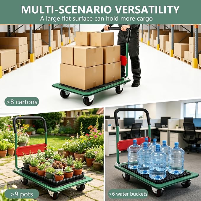 LEADALLWAY Foldable Push Cart 880lbs Capacity, Extra Tall 38.98" Height for Tall People, Heavy Duty Platform Truck 35.8" L x 24" W Green, Includes 2 Elastic Bungee Ropes