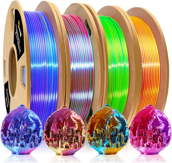 LOVOON 3D PLA Filament 1.75mm Bundle, Tricolor 3D Printer Filament Bundle, Rainbow Silk PLA Filament Bundle, PLA Filament for 3D Printer 3D Pen, Dimensional Accuracy +/-0.02mm, 200g x 4 Spools