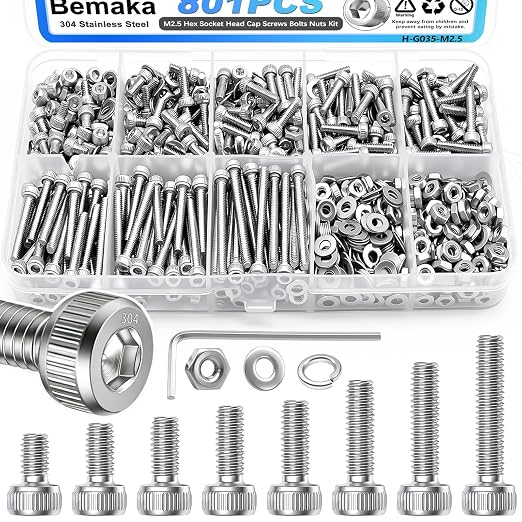 801PCS M2.5 Screws Kit, M2.5x4/6/8/10/12/16/20/25mm Hex Socket Head Cap Screws Bolts Nuts Washers Kit, 304 Stainless Steel M2.5 Bolts Metric Screws for 3D Printing