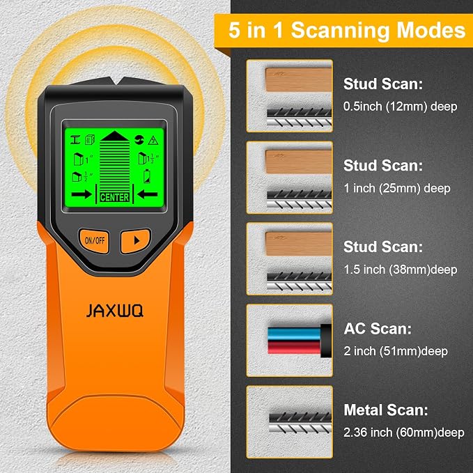 Stud Finder Wall Scanner - 5 in 1 Stud Finder Tool w/Smart Chip and HD LCD Display, Stud Detector Beam Finders for the Center and Edge of Wood AC Wire Metal Studs Joist Pipe (Orange Juice)