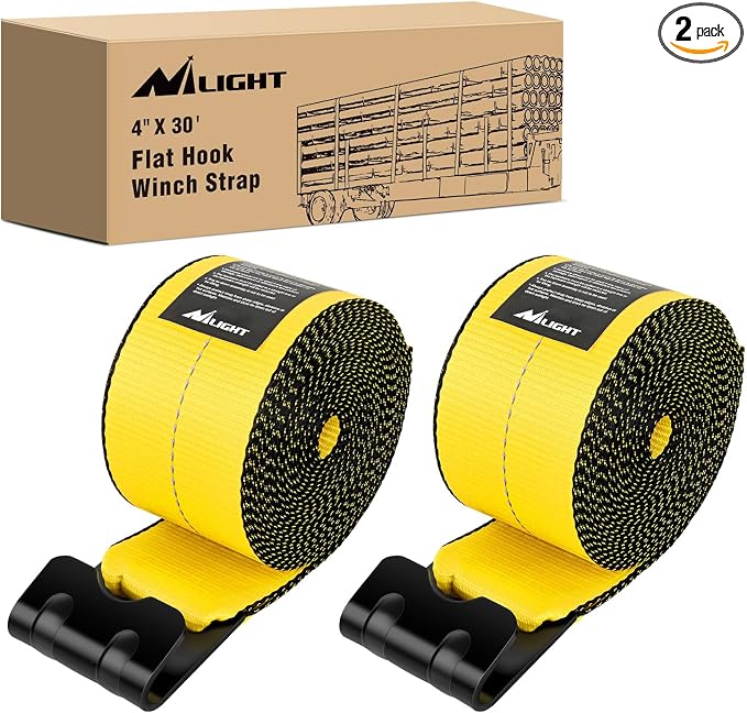 Nilight Truck Straps 4" x 30' Heavy Duty Tie Down with Flat Hooks 16800LBS Break Strength & 5400LBS WLL for Flatbed Trailer Cargo Control Recovery Tree Saver Bright Yellow (2 Pack)