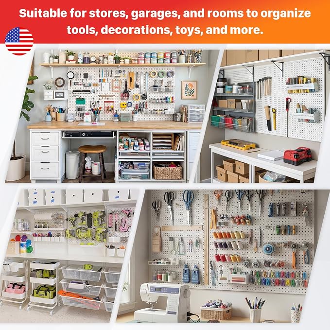 3 Pcs 24”×16”Metal Pegboard Panels, Heavy Duty Peg Boards with Hooks, Steel Organization Panels for Garden Tool Storage, Walls Home, Office, White