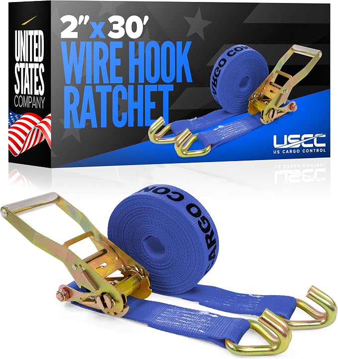 US Cargo Control Wire Hook Ratchet Strap 2 Inch x 30 Foot, 10,000 LBS Break Strength, Ratchet Straps Heavy Duty with Double J Hooks, Blue Cargo Tie Downs for Flatbed Trailers and Trucks