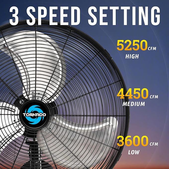 Tornado 20" Pro Series High Velocity Oscillating Wall Mount Fan – Heavy-Duty Metal Fan for Industrial, Commercial & Residential Use – 3 Speeds, 5250 CFM, UL Safety Listed