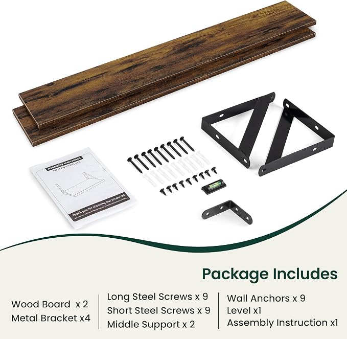 Floating Shelves 8 Inch Deep, 48W x 8D Wall Shelf Set of 2, 70 lbs Heavy Duty Reversible Metal Brackets, Industrial Book Shelf for Living Room Kitchen Bath Bedroom Gallery Wall, Rustic Brown