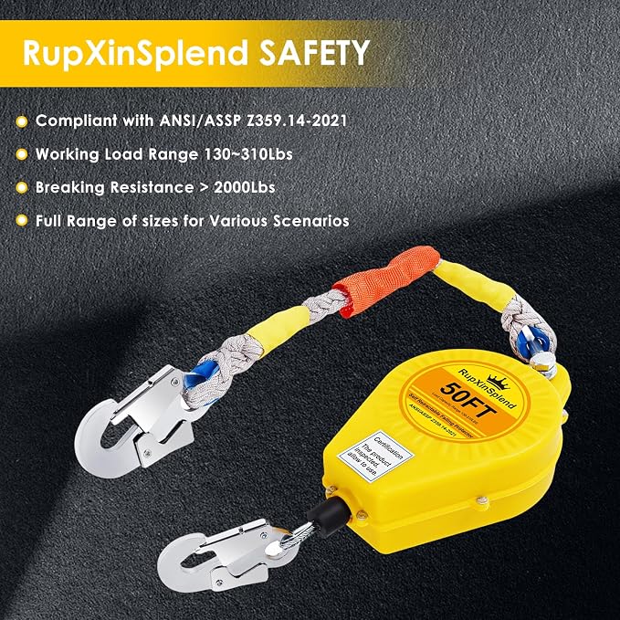 Fall Arrester Protector Self Retractable 50FT Fall Protection Gear Double Locking, Dual PPE+Alloy Steel housing Heavy Duty Lifeline Safety Lanyard Rope Cable Wire Roofing Construction