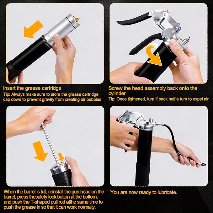 Heavy-duty handheld grease gun set, 14 oz capacity, equipped with a spring hose, 90° grease nozzle, dual-handle locking pliers, and other accessories, suitable for machinery, automobiles, and boats.