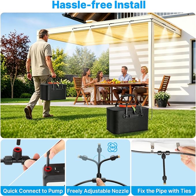 Bluepro 50FT Portable Misting System for Cooling, Misters for Outside Patio with 5.8Gal/22L Foldable Tank, 5200mAh Pump (IPX8) & 8 Adjustable Brass Nozzles for Umbrella, Camping, Golf Cart, Sport
