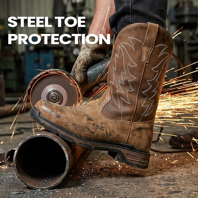 ANGRYRAM Cowboy Work Boots for Men Square Toe Leather Western Boot Slip Resistant Indestructable Steel Toe Safety Boots for Men Work-Man Pro Series
