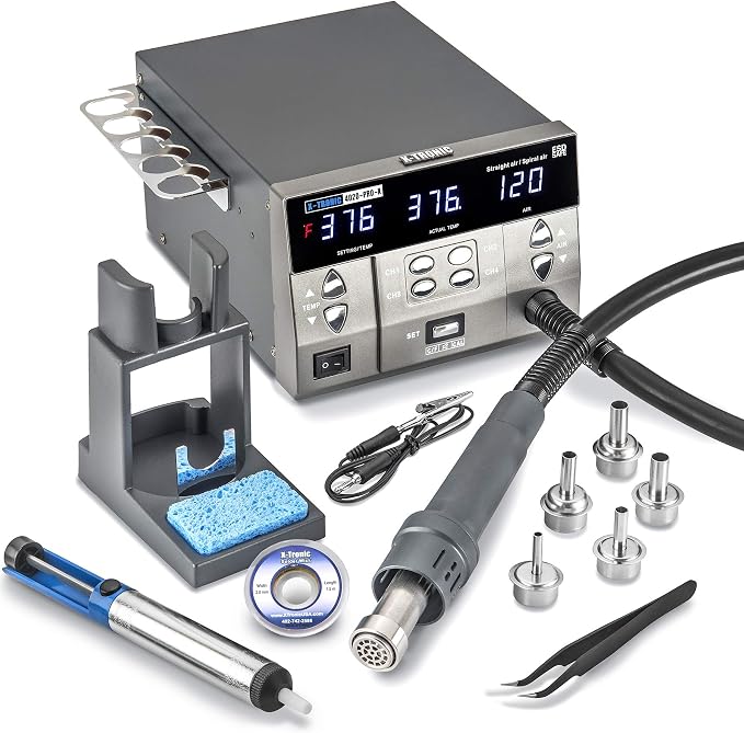 X-Tronic 4020-PRO-X • Hot Air Rework Station • 1000 Watt • Brushless DC Vortex Blower • Quick Change Nozzle Holder • 4 Presets • Temp Calibration, C/F, Auto Cool Down • 3 Straight/2 Spiral Nozzles!