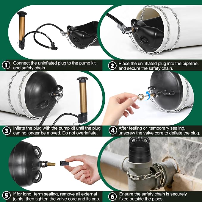 8 Inch Inflatable Pipe Plug Kit with Fast Air Pump & Extension Hose, Heavy Duty Rubber Sewer Test Ball with Safety Chain & Valve Tool for Drain Blocking & Leak Testing(Fits 7.8"-8.2" Pipes)