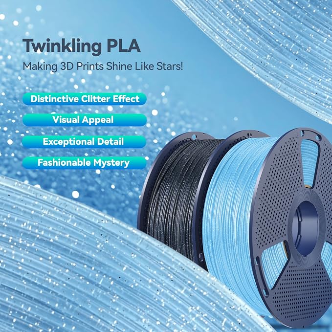 SUNLU Shiny Sparkle PLA Filament 1.75mm, Galaxy Glitter 3D Printing Filament, Dimensional Accuracy +/- 0.02mm, 1kg Spool, Works with Most FDM Printers, Twinkling Blue