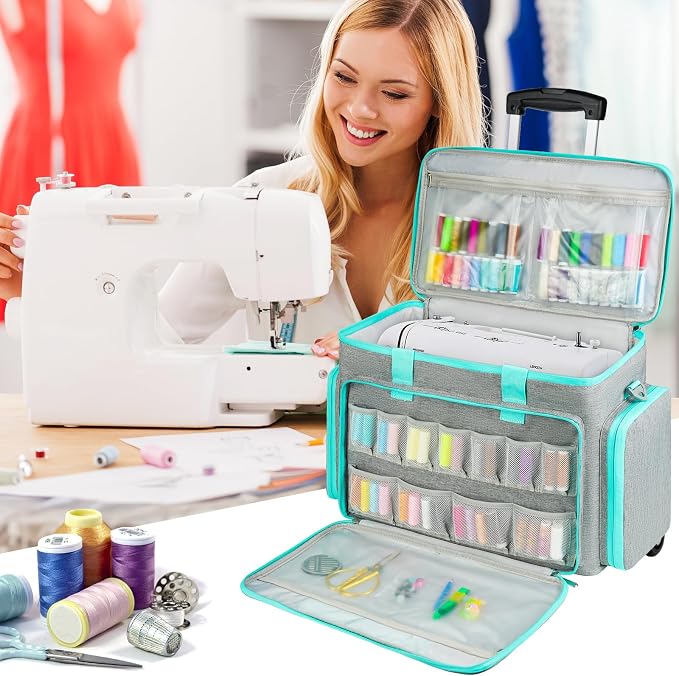 LEFOR·Z Rolling Sewing Machine Case with Wheels,Sewing Machine Carrying Bag,Trolley Tote Bag Fits for Most Standard Singer,Brother,Janome Sewing Machine and Accessories,Grey/Green