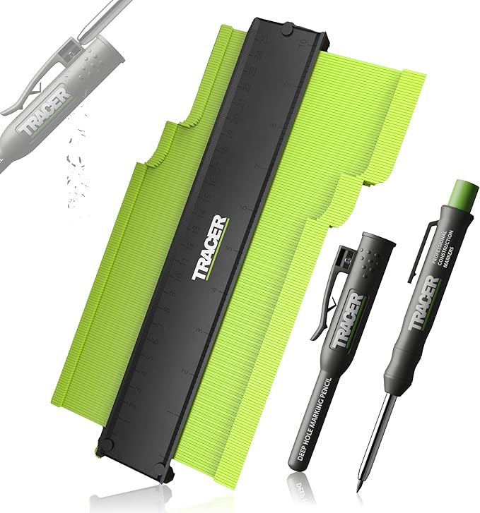 TRACER Contour Gauge 250mm (10”) Precise Marking Gauge with TRACER Deep Hole Construction Pencil. Gauge and Carpenters Pencil Set